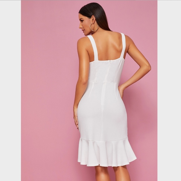 White Sheath Ruffle Detail Asymmetrical Dress - Picture 4 of 8